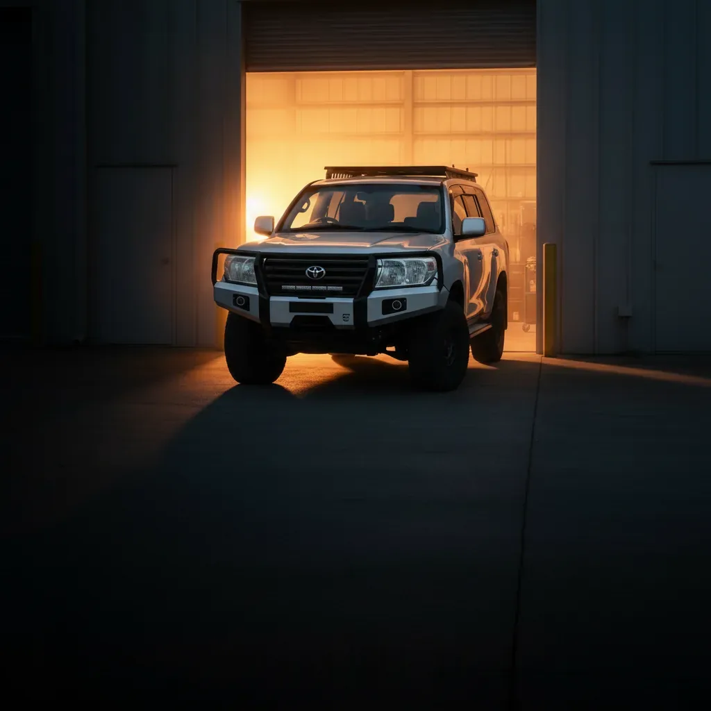 A LandCruiser 200 parked in front of the Narangba workshop at golden hour