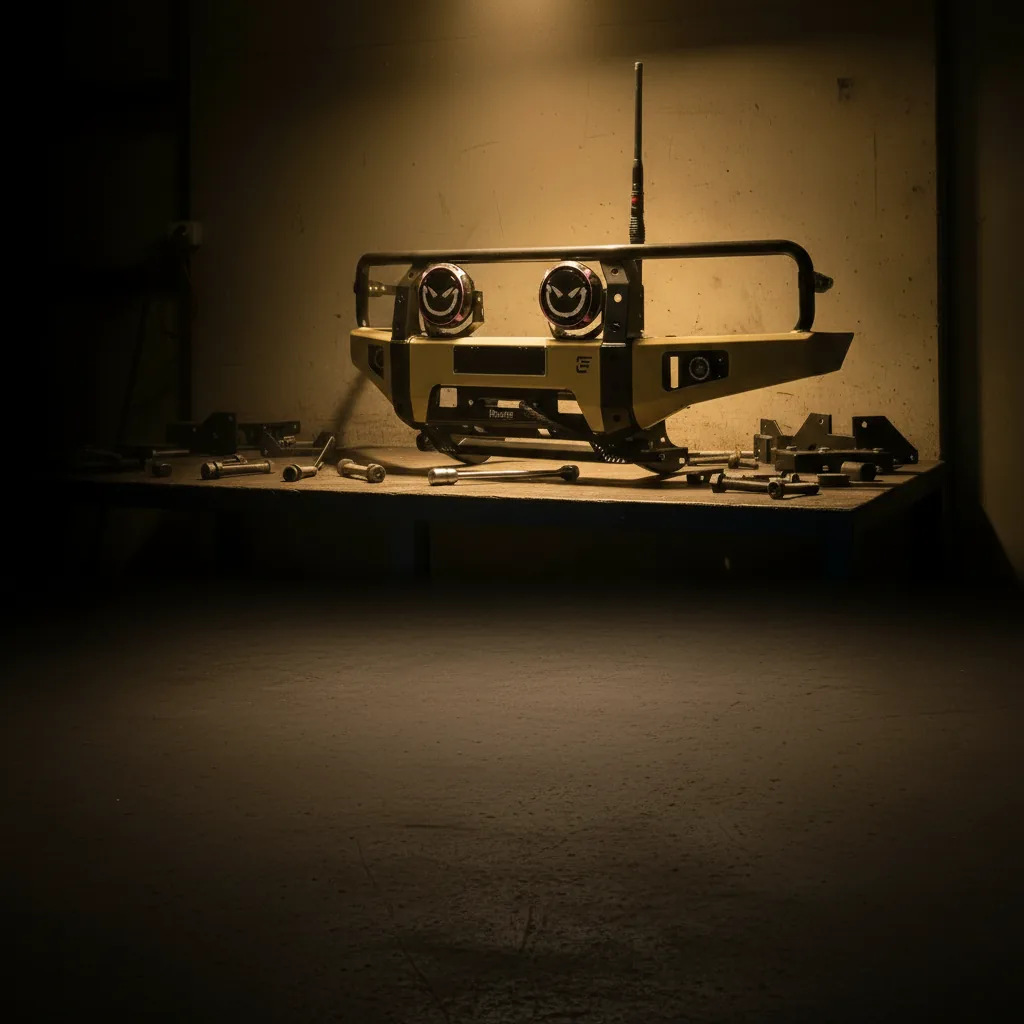 A Raslarr bull bar laid out on a workshop bench with its brackets, bolts and a torque wrench beside it