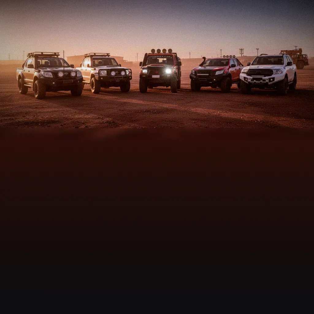 A line-up of fitted-out work 4WDs in a mine-site yard at dawn