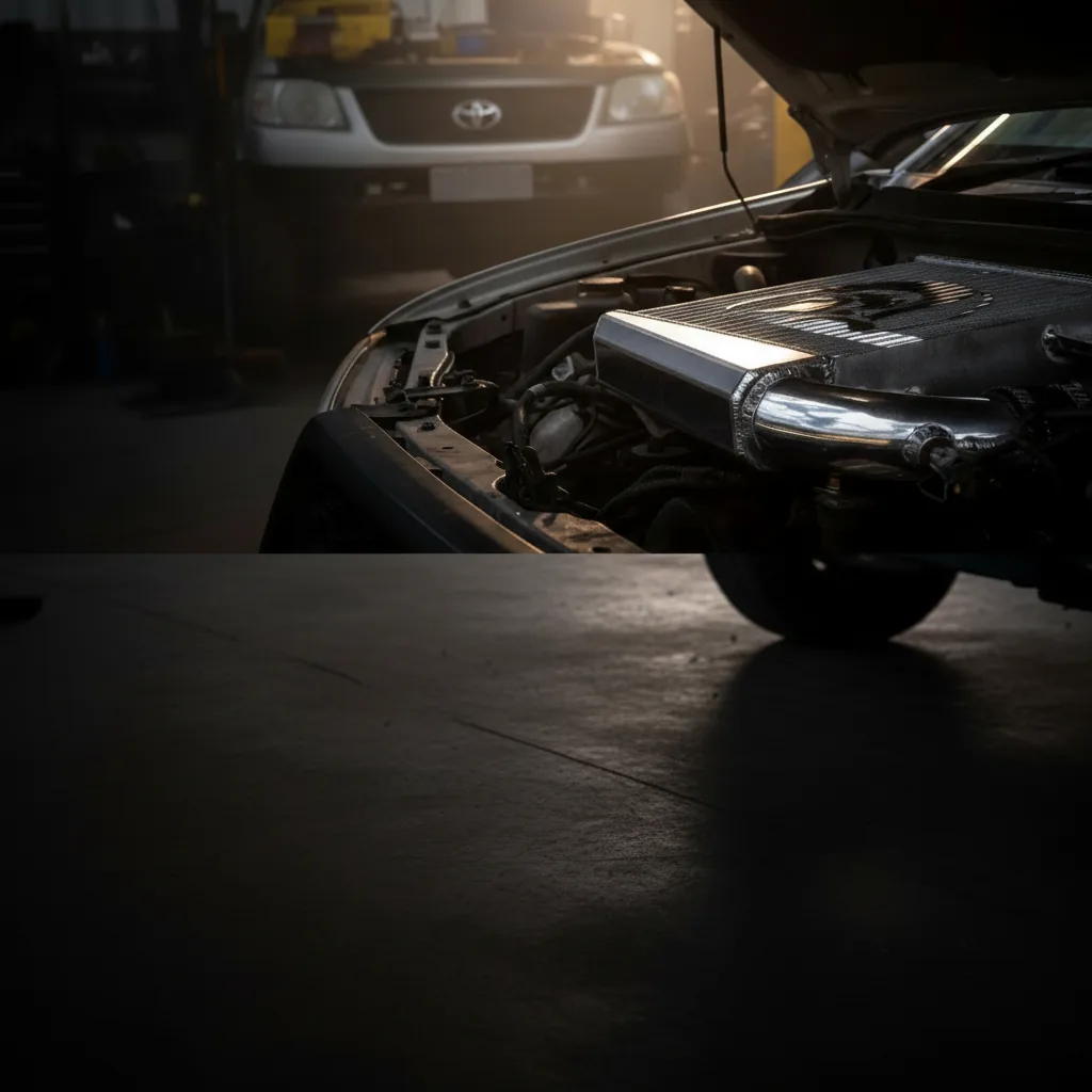 A Big Boy intercooler core in an open engine bay in a dark workshop