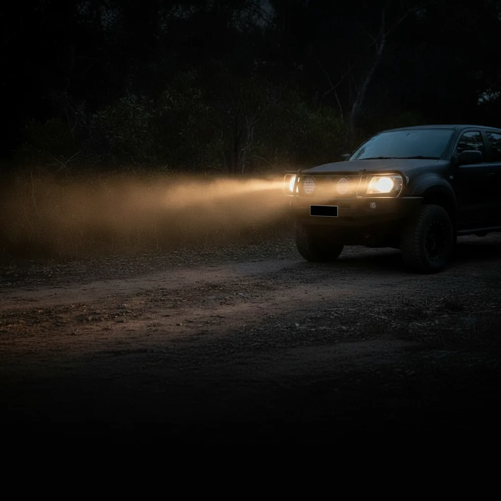 Round LED driving lights cutting a beam through dust on a dark bush track at night