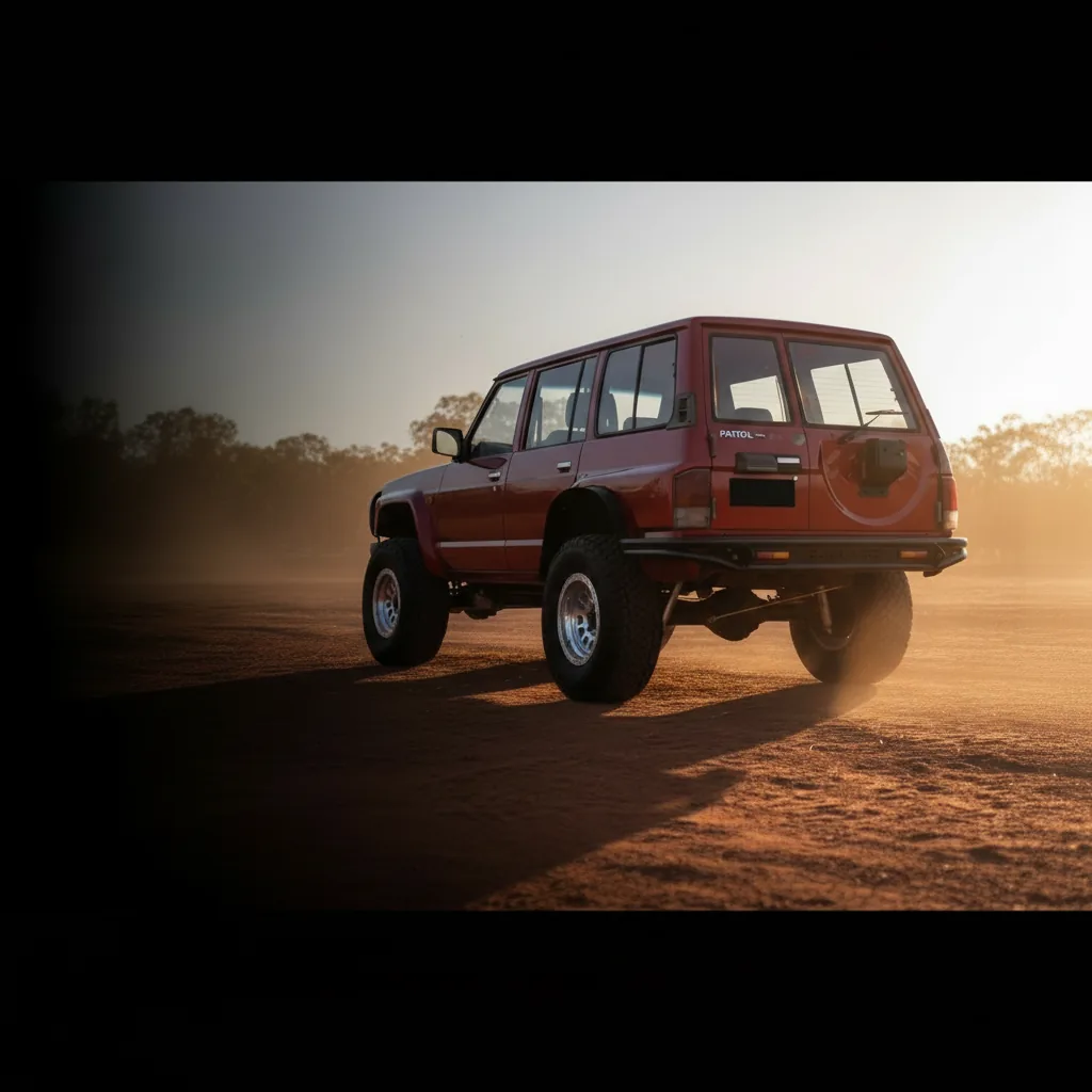 Raslarr rear bar and twin wheel carriers on a Nissan Patrol GQ in an outback camp clearing at last light