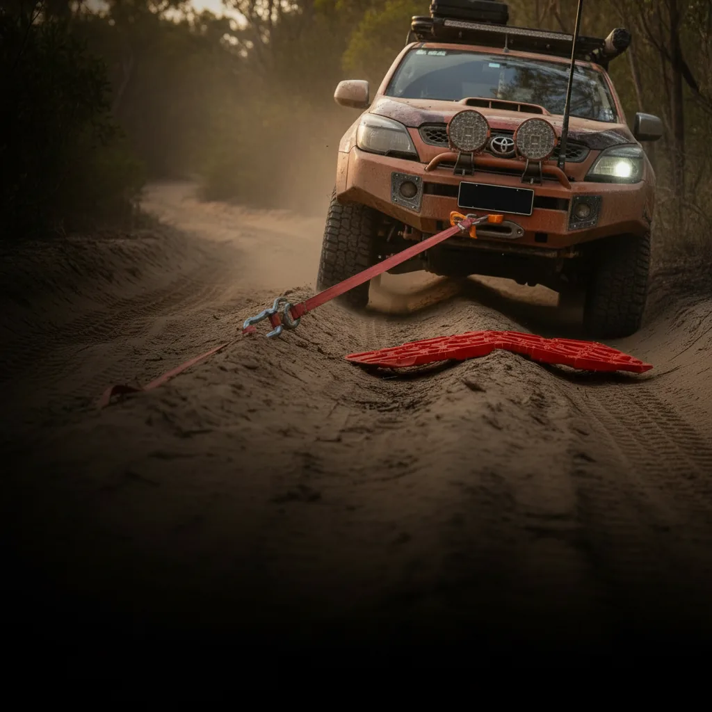 A rated recovery point, strap and traction boards at a bogged 4WD in coastal scrub at dusk