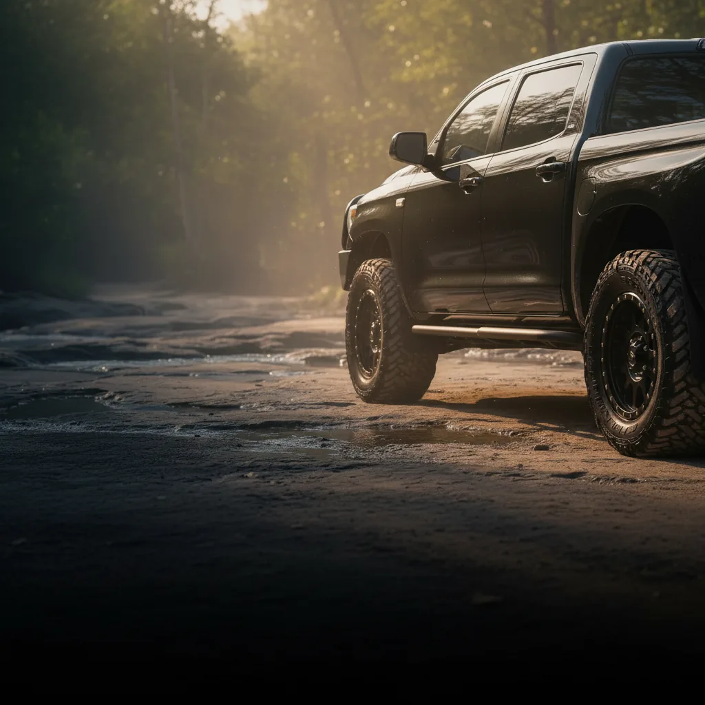 Legendex box-steel rock slider on a 4WD, seen at sill height in a rocky Queensland creek crossing at golden hour