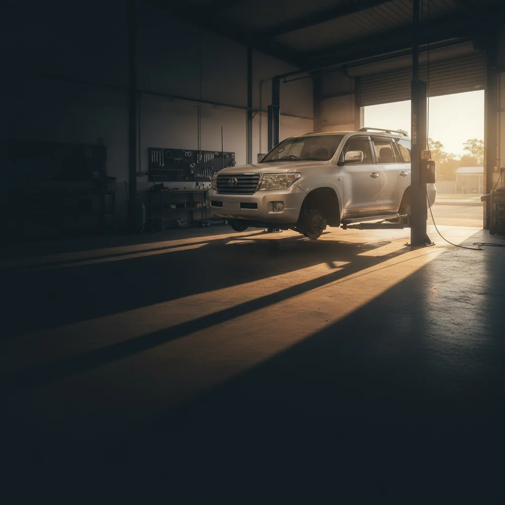 A 4WD raised on a two-post hoist on the Narangba workshop floor, roller door open to afternoon light