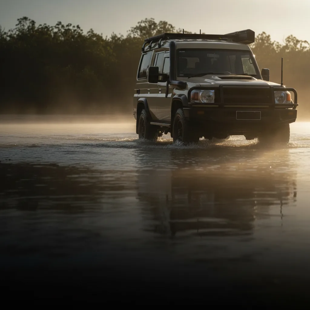 A 70 Series LandCruiser with a stainless snorkel crossing a river at dawn