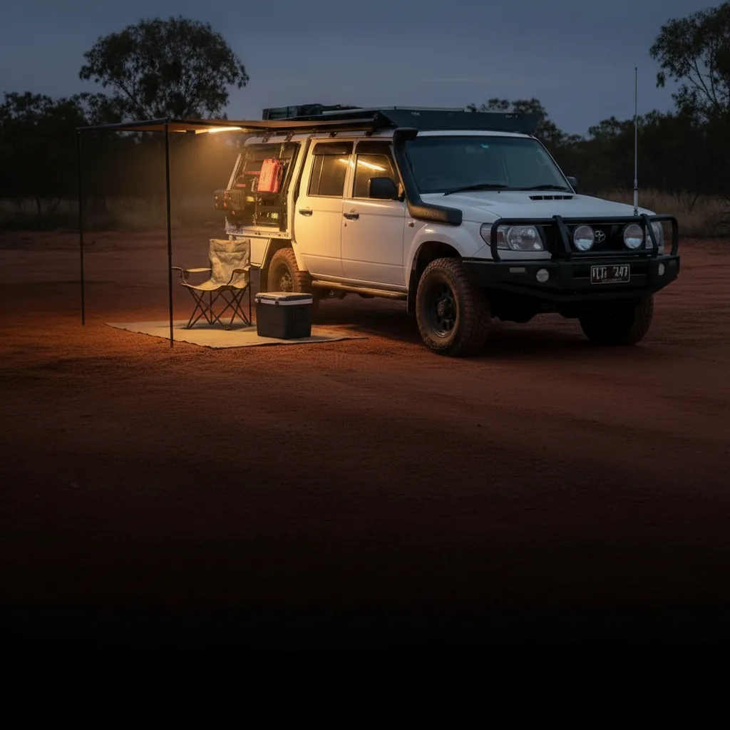 A 4WD at a dusk camp with a loaded platform roof rack, a tub rack and the awning out