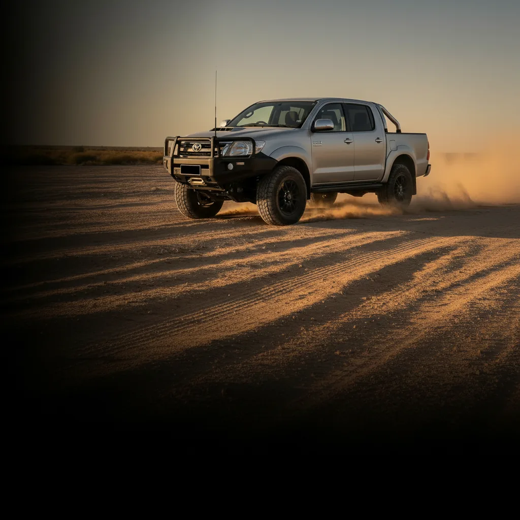 A silver Hilux dual cab with a bull bar raising dust on a dirt flat at sunset