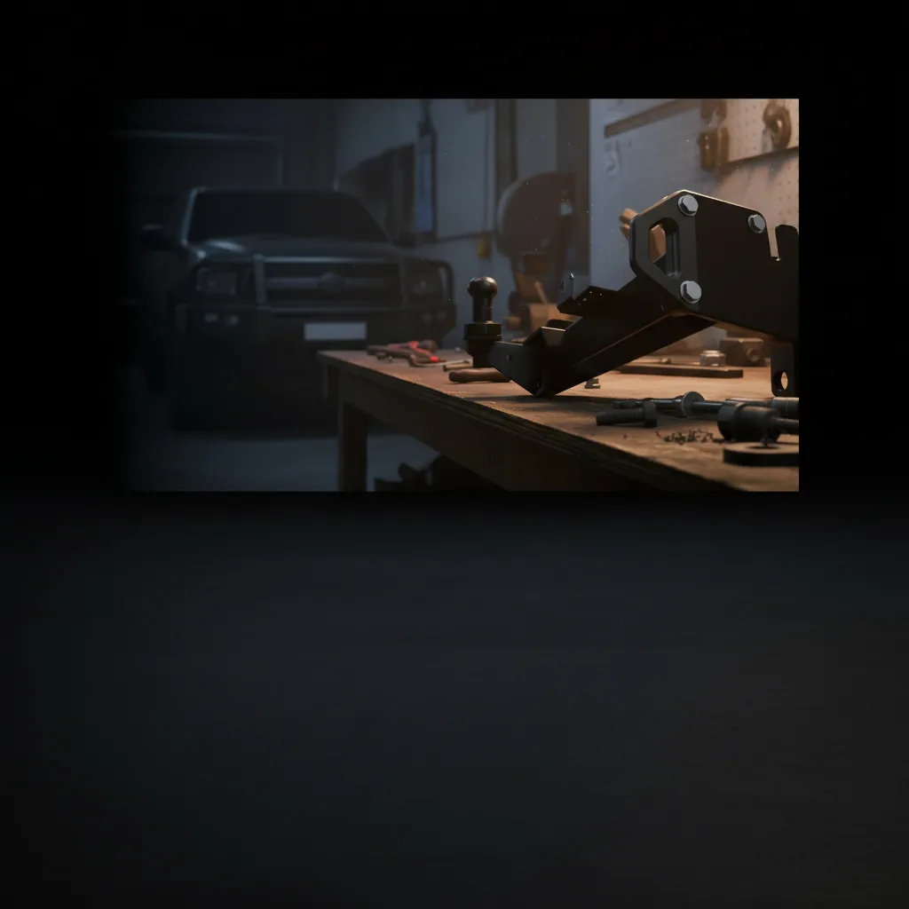 A rated tow hitch on a dark workshop bench under a single warm light