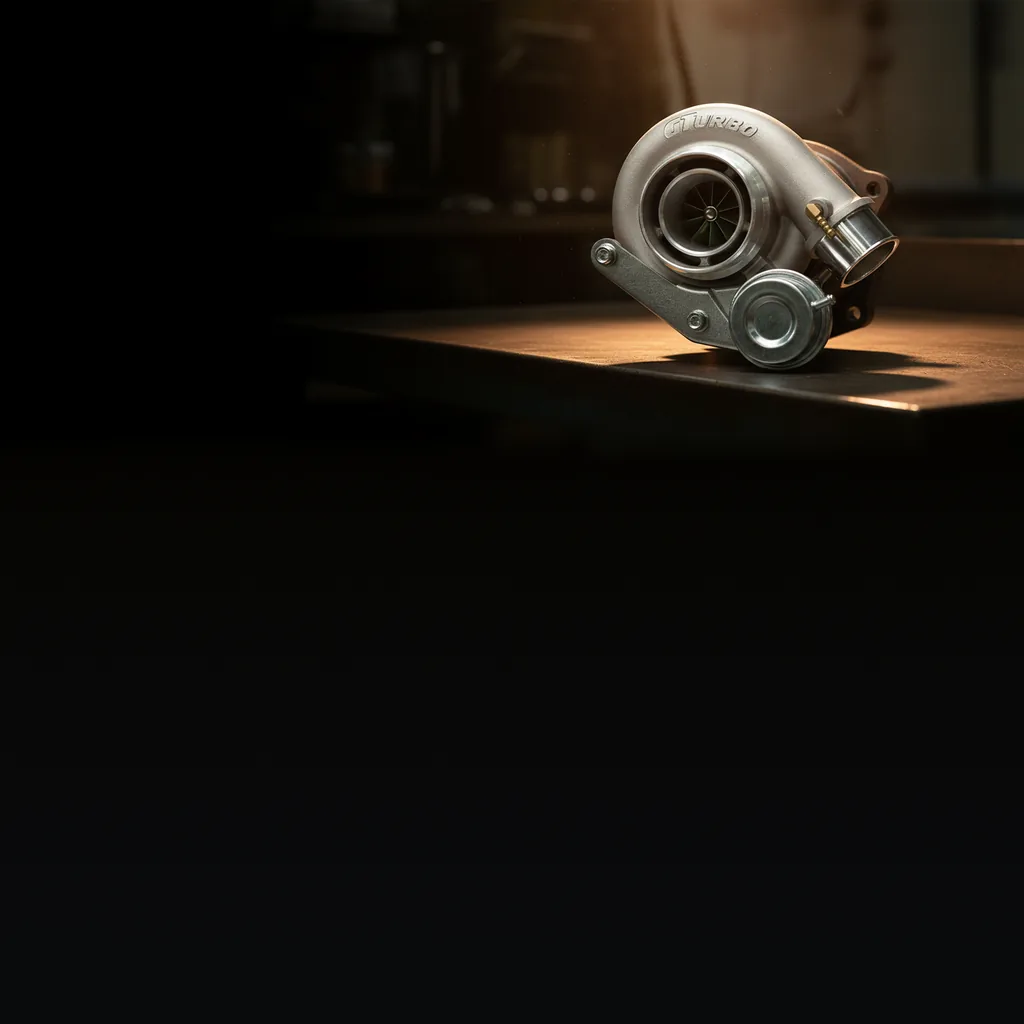 A GTurbo ball-bearing turbocharger on a dark workshop bench under a single warm light