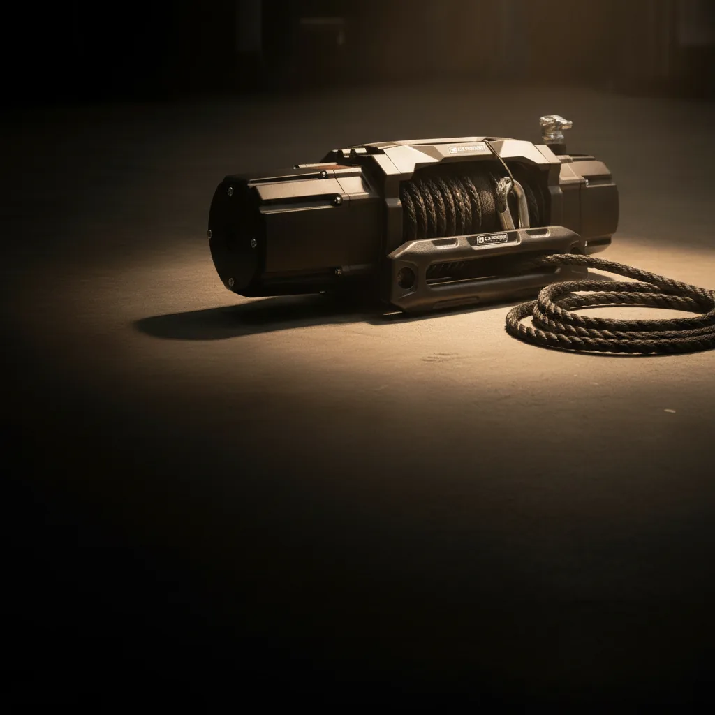 A winch and its rope laid out on a dark workshop floor under one warm light