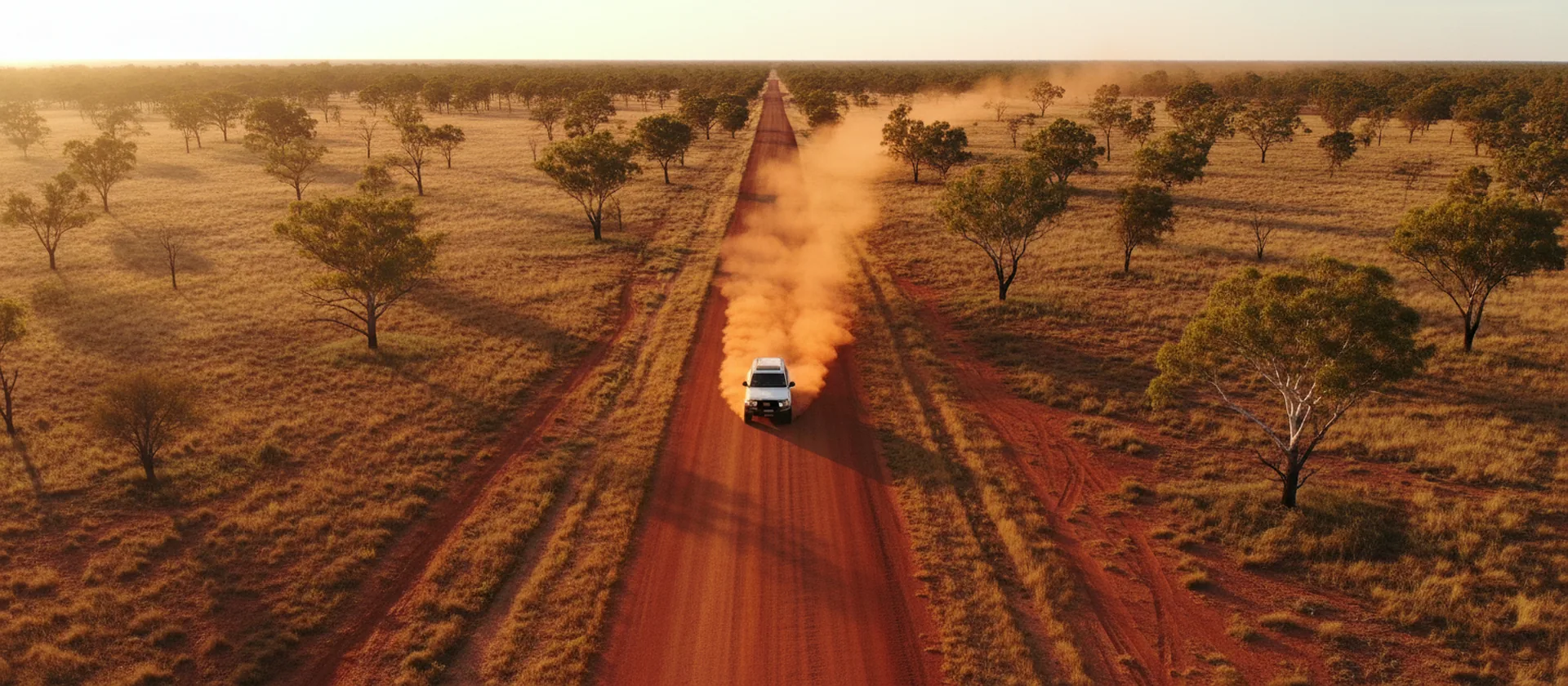 Aerial view of a red-dirt road through Queensland savannah at golden hour