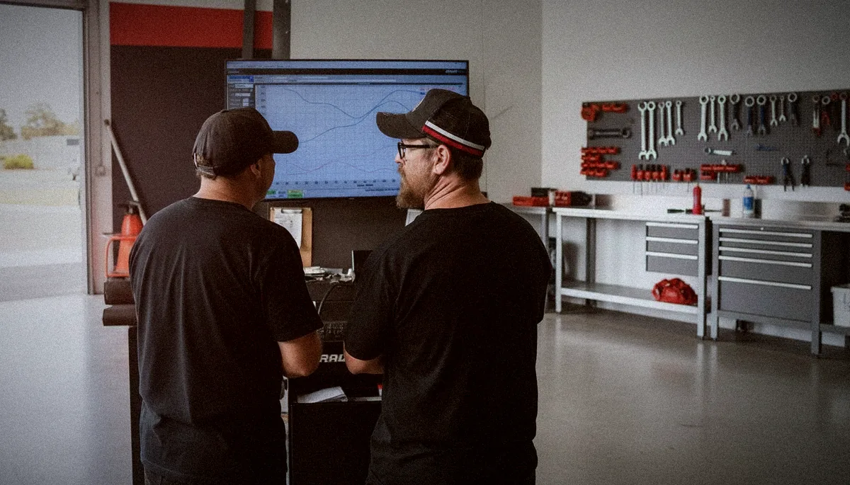Two of the Legendex crew reading a power trace on the dyno screen in the workshop